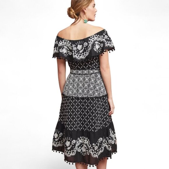 Anthropologie Marisol Size 6 Boho Black & White Embroidered Off-Shoulder Dress - Picture 2 of 11